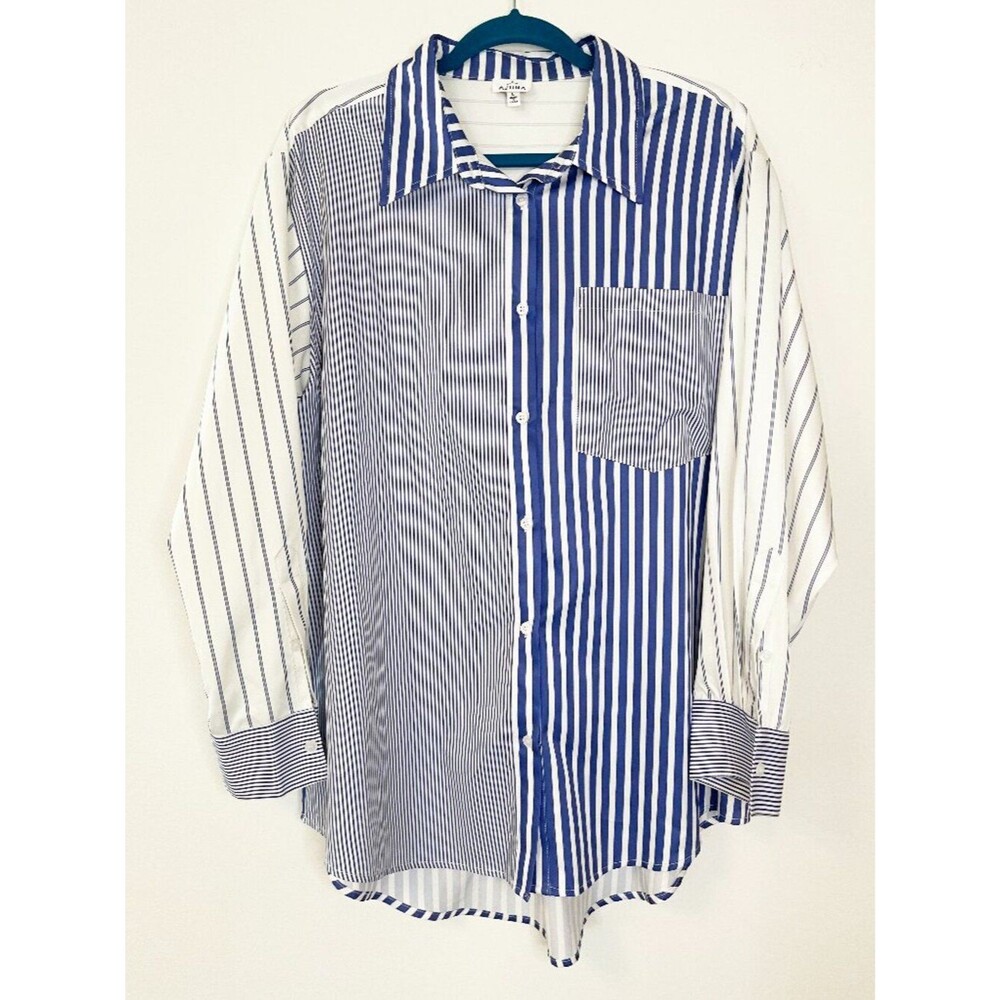 Azura Blue White Striped Button Down Shirt L Nautical Oversized Collared